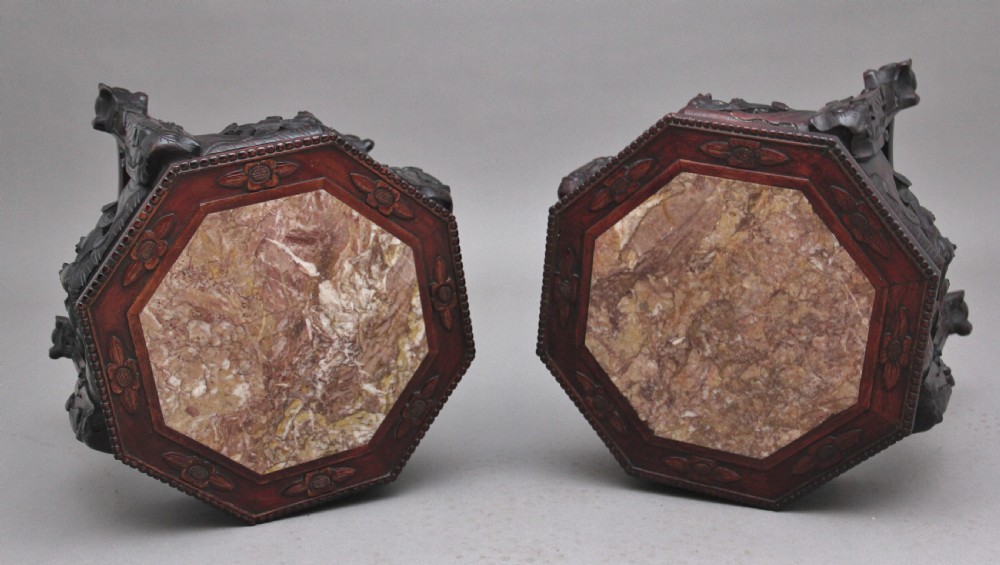 Pair 19th Century Chinese carved hardwood occasional tables  View III