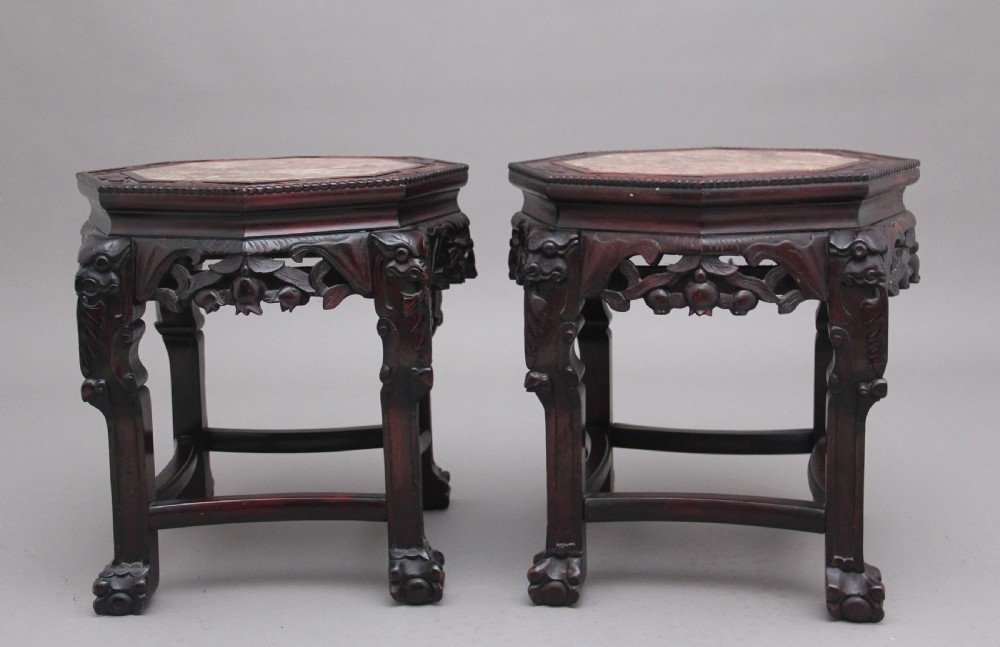 Pair 19th Century Chinese carved hardwood occasional tables  View V