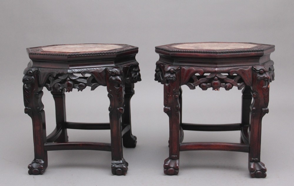 Pair 19th Century Chinese carved hardwood occasional tables  View VII