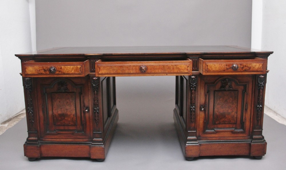 Large and impressive 19th Century walnut pedestal partners desk View V