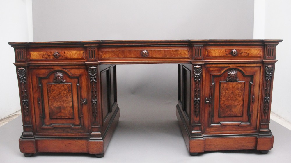 Large and impressive 19th Century walnut pedestal partners desk View VII
