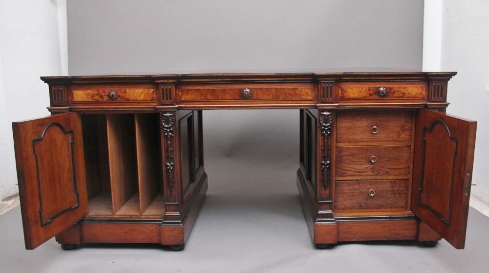 Large and impressive 19th Century walnut pedestal partners desk View VIII