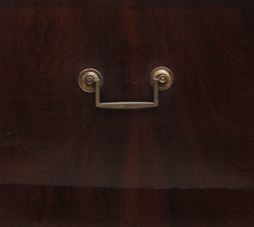 An early 20th-century Georgian-style mahogany bedside cabinet with a scalloped gallery top, open compartment, drawer, brass side handles, and cabriole legs. View V