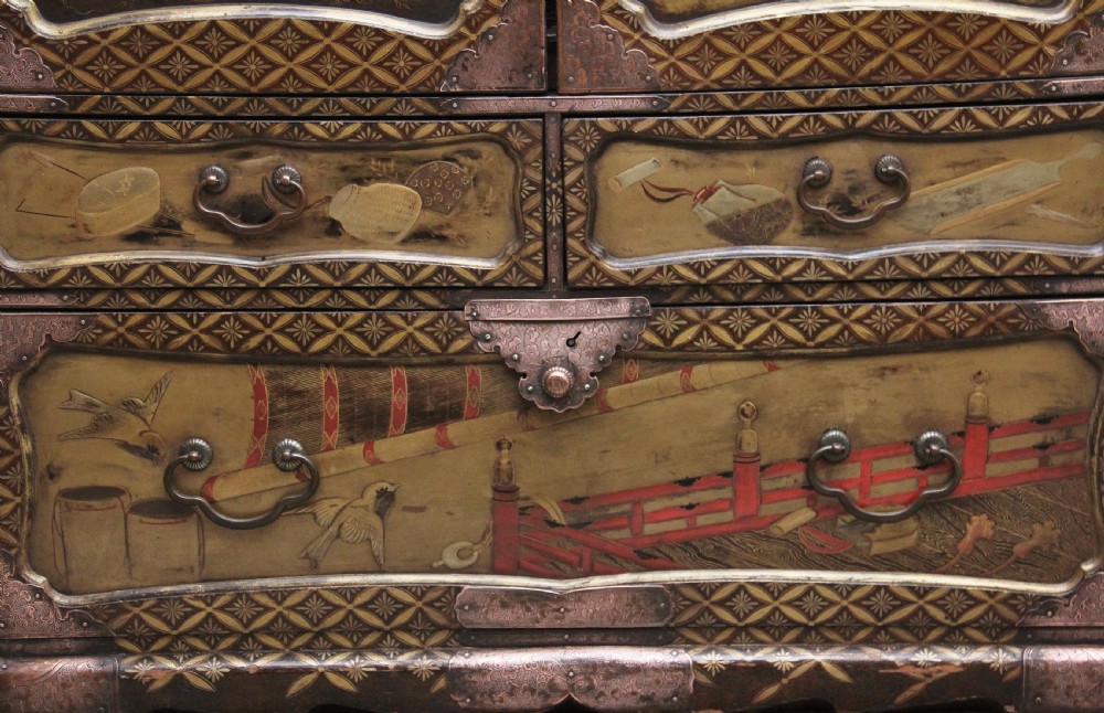 A 19th-century Japanese gilt lacquer tabletop cabinet featuring double doors with high-relief carved birds, several drawers, and decorative copper corner mounts. View XIII