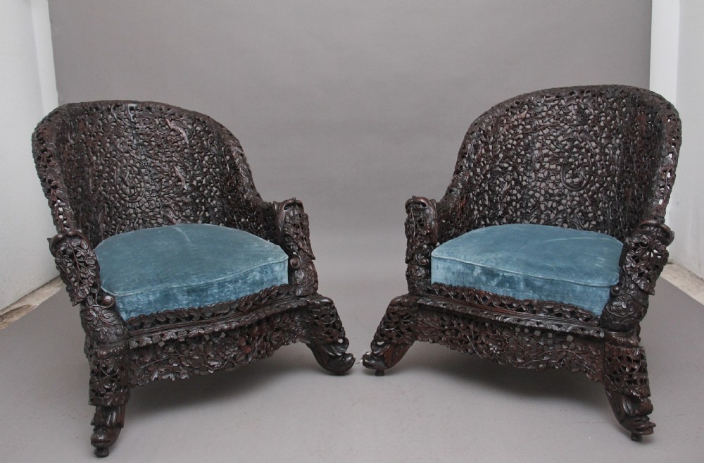 Pair 19th Century Anglo-Indian carved chairs