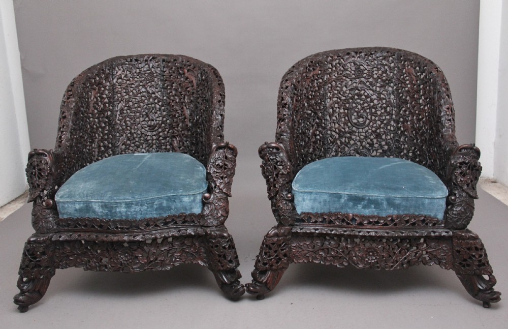 Pair 19th Century Anglo-Indian carved chairs View II
