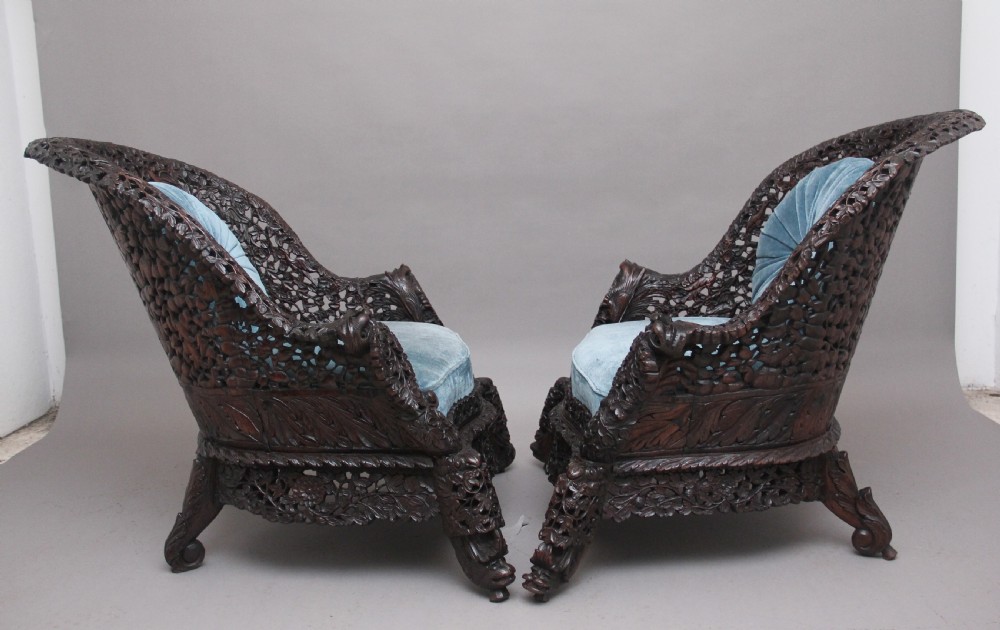 Pair 19th Century Anglo-Indian carved chairs View III