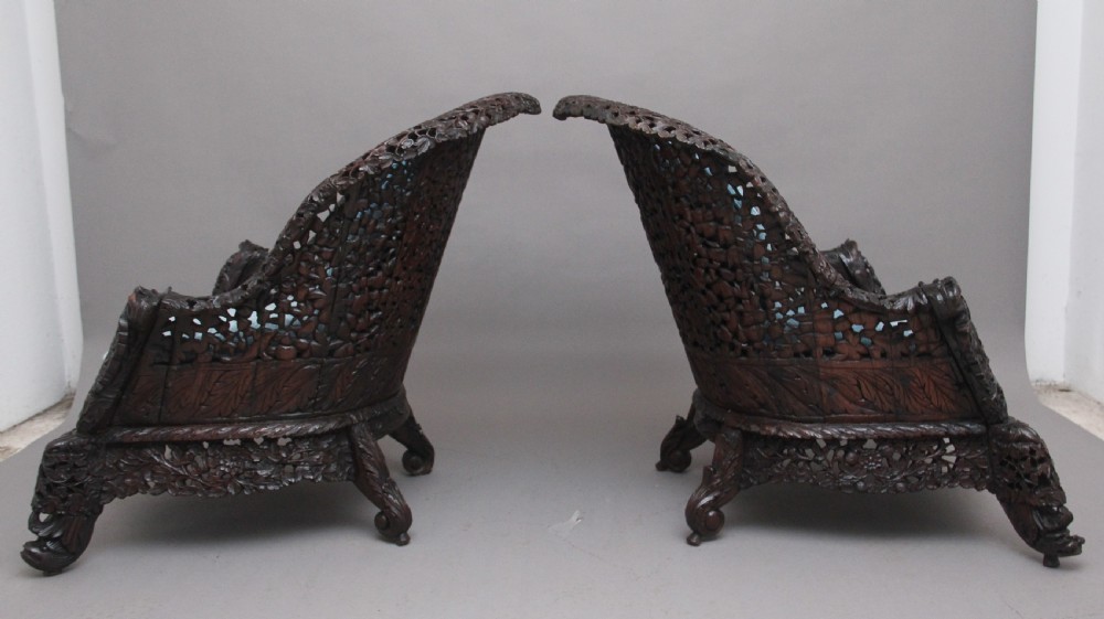 Pair 19th Century Anglo-Indian carved chairs View V