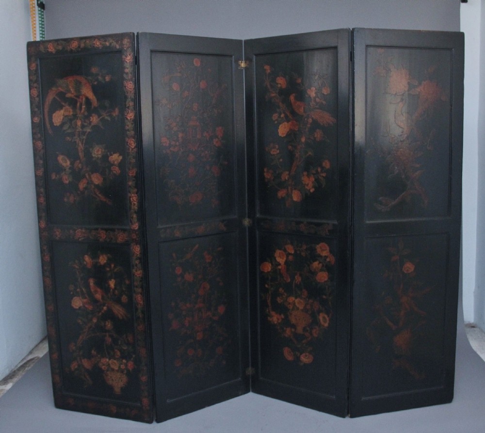 19th Century Chinoiserie and black lacquered four panel screen