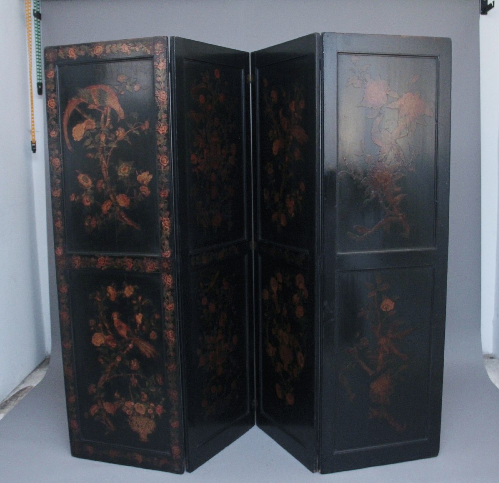 19th Century Chinoiserie and black lacquered four panel screen View II