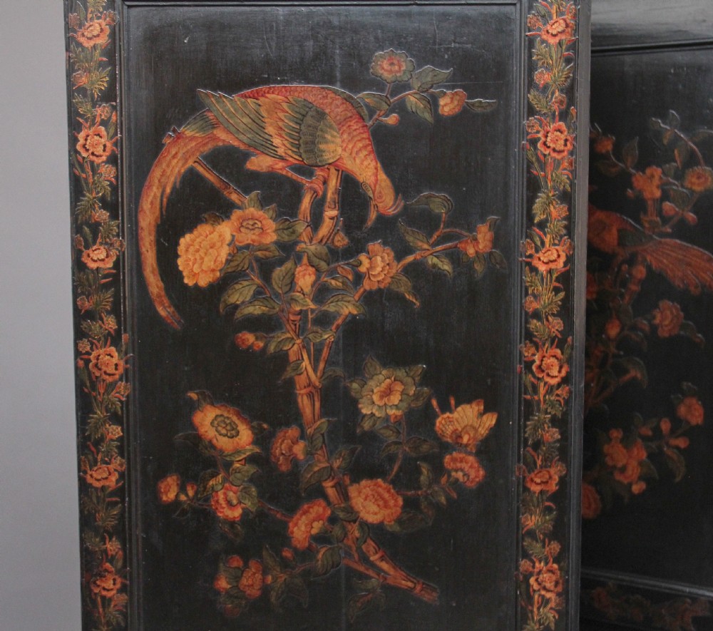 19th Century Chinoiserie and black lacquered four panel screen View VII