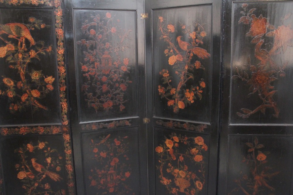 19th Century Chinoiserie and black lacquered four panel screen View IX