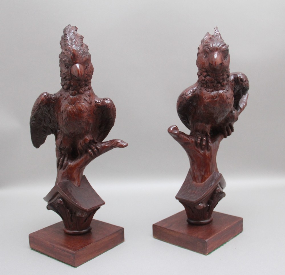 A pair of decorative 19th Century carved walnut parakeets  View II
