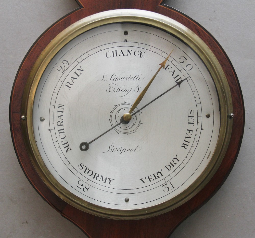 A 19th-century mahogany banjo barometer featuring shell marquetry inlays, a thermometer housing, a broken arch pediment, and a silvered dial. View II