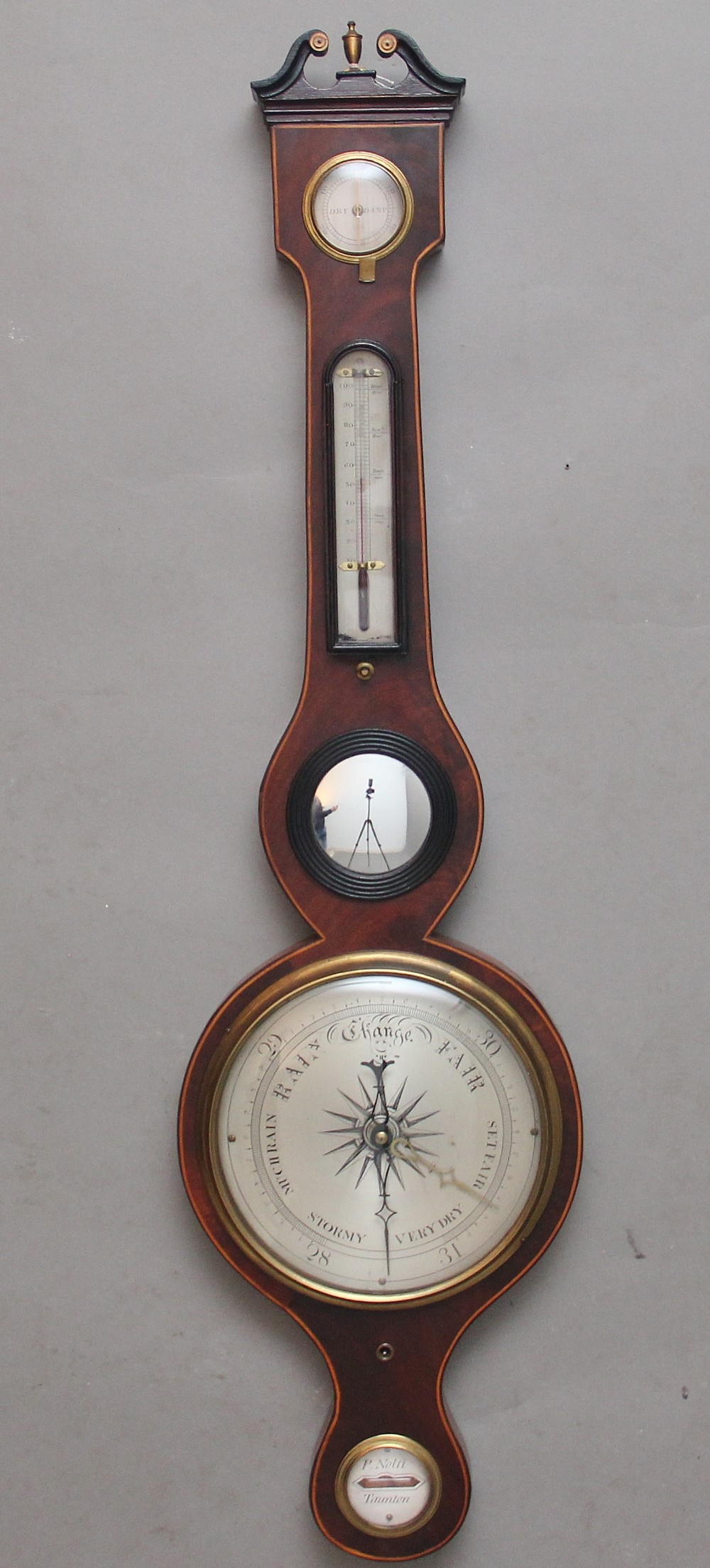 19th Century mahogany banjo barometer by P Nolfi of Taunton