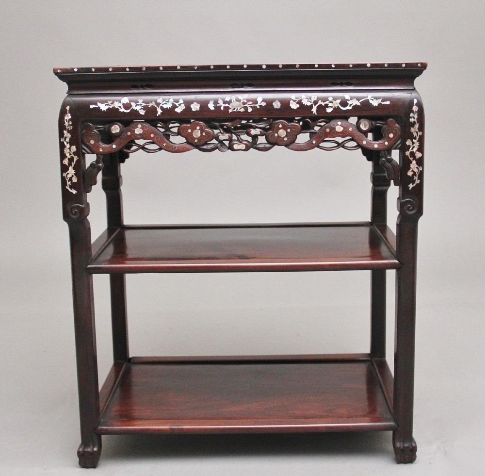 A dark hardwood Chinese three-tier occasional table featuring intricate mother-of-pearl floral inlay and a pink mottled marble top inset. View VIII