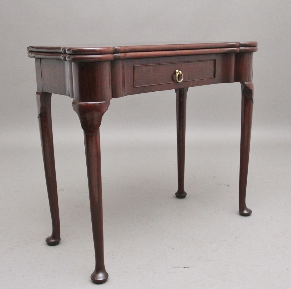 A mid-18th-century mahogany card table featuring a fold-over top, a single frieze drawer with a brass ring handle, and cabriole legs with pad feet. View III