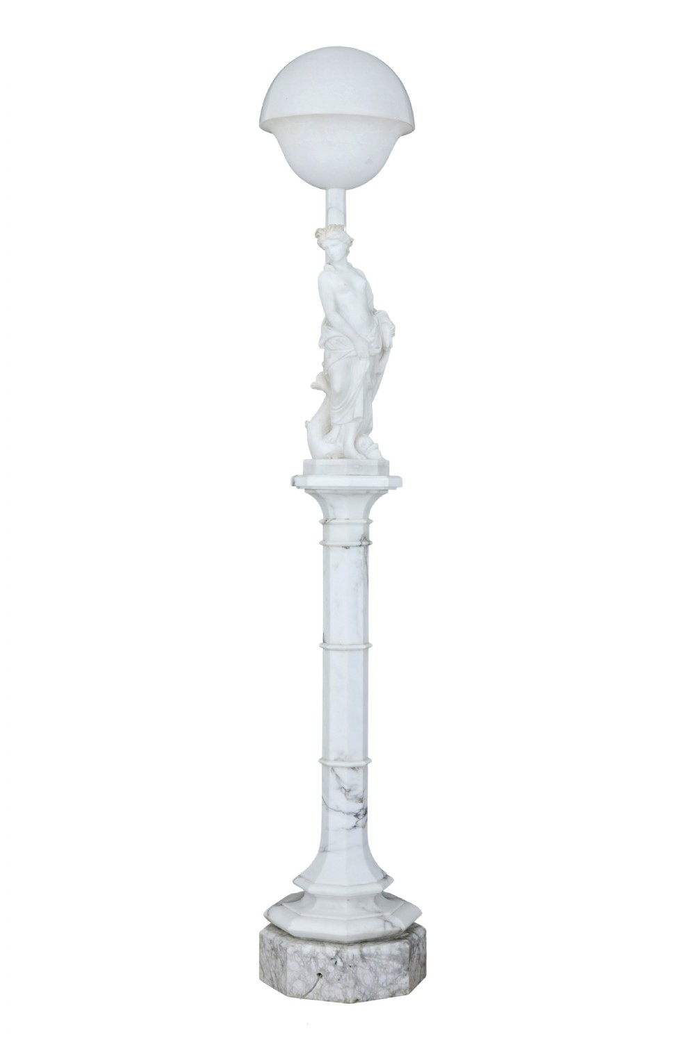 An early 20th-century Swedish floor lamp carved from white alabaster, featuring a classical female figure atop a columnar pedestal supporting a globe light shade.