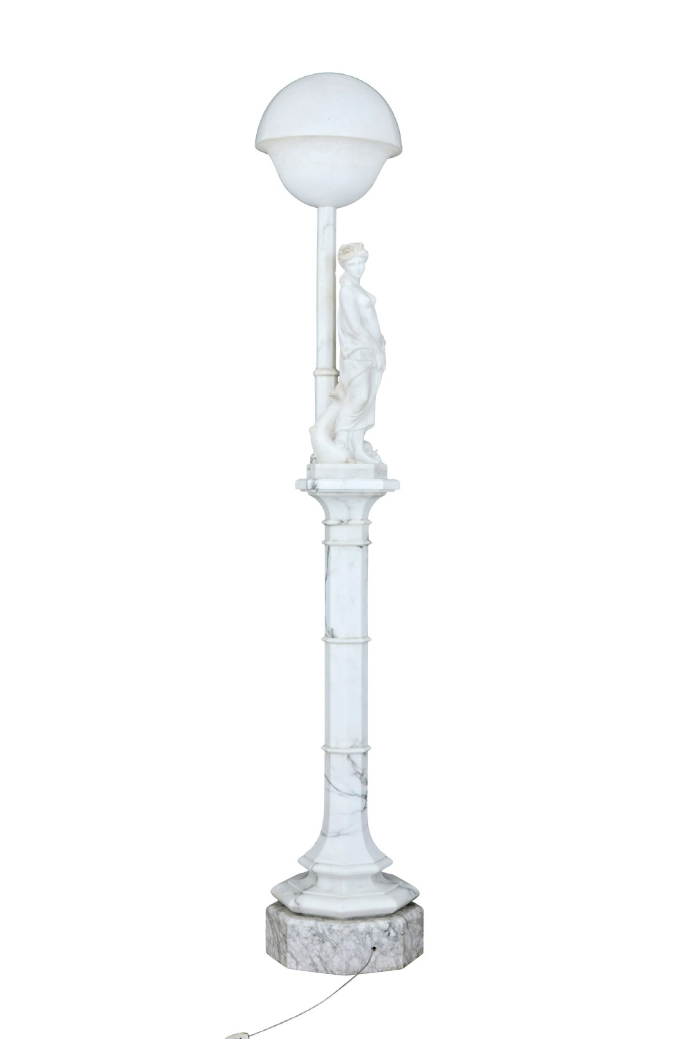 An early 20th-century Swedish floor lamp carved from white alabaster, featuring a classical female figure atop a columnar pedestal supporting a globe light shade. View II