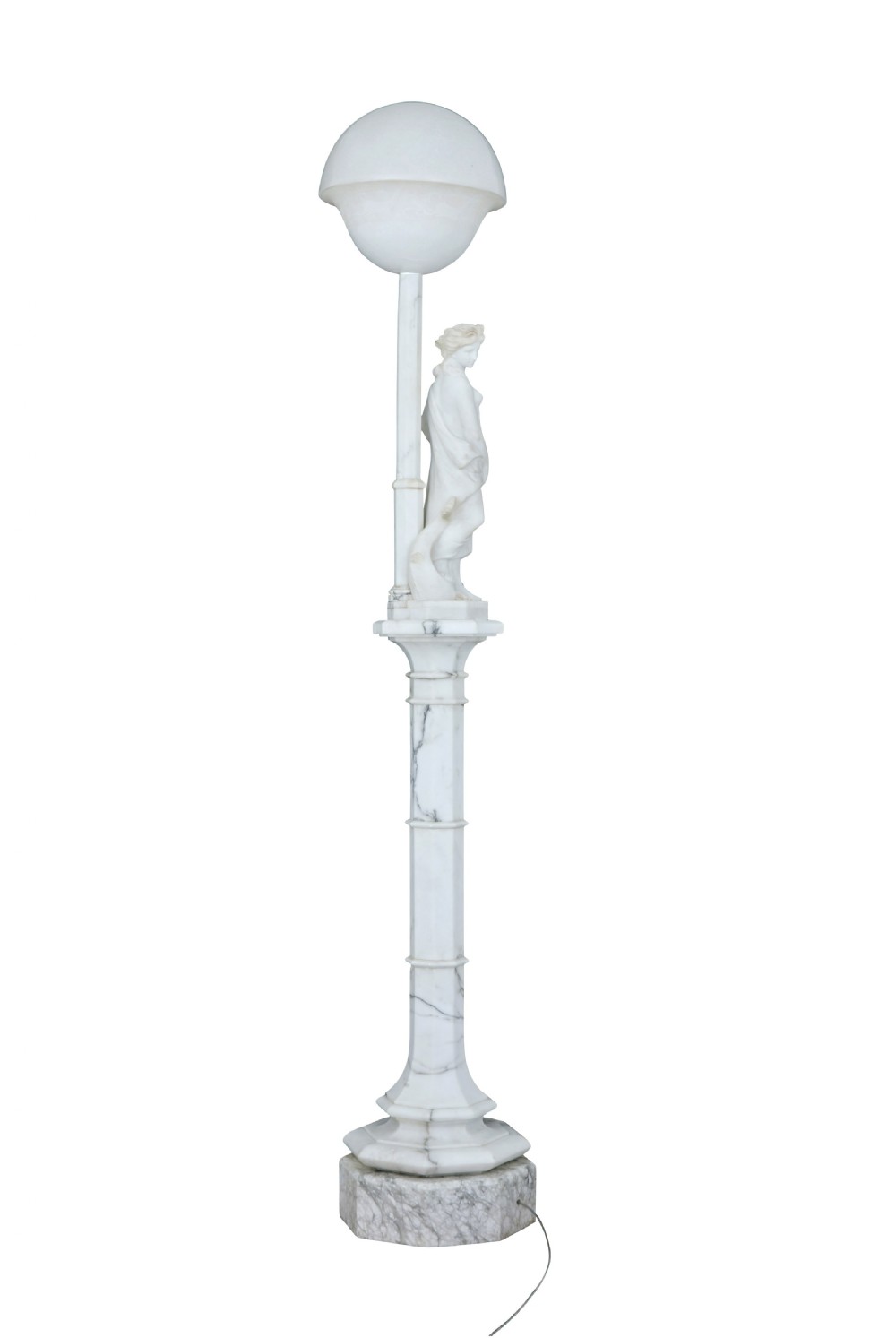 An early 20th-century Swedish floor lamp carved from white alabaster, featuring a classical female figure atop a columnar pedestal supporting a globe light shade. View III