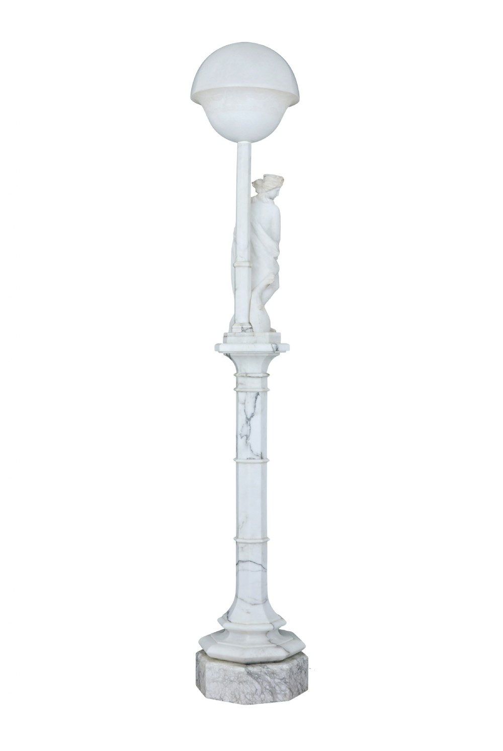 An early 20th-century Swedish floor lamp carved from white alabaster, featuring a classical female figure atop a columnar pedestal supporting a globe light shade. View IV