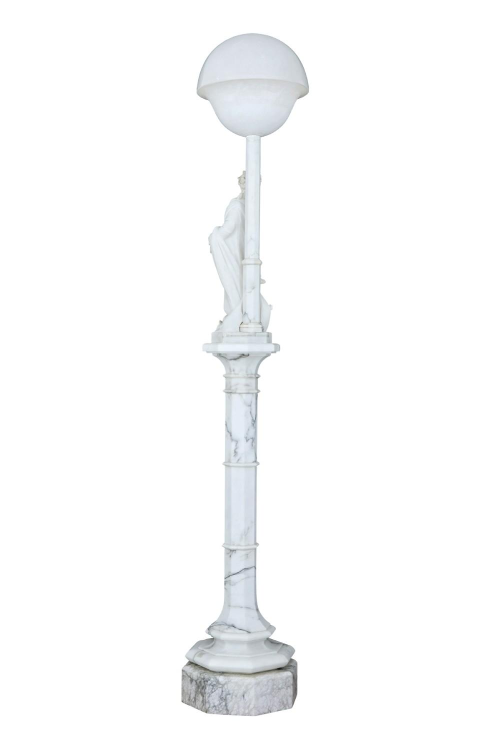 An early 20th-century Swedish floor lamp carved from white alabaster, featuring a classical female figure atop a columnar pedestal supporting a globe light shade. View V