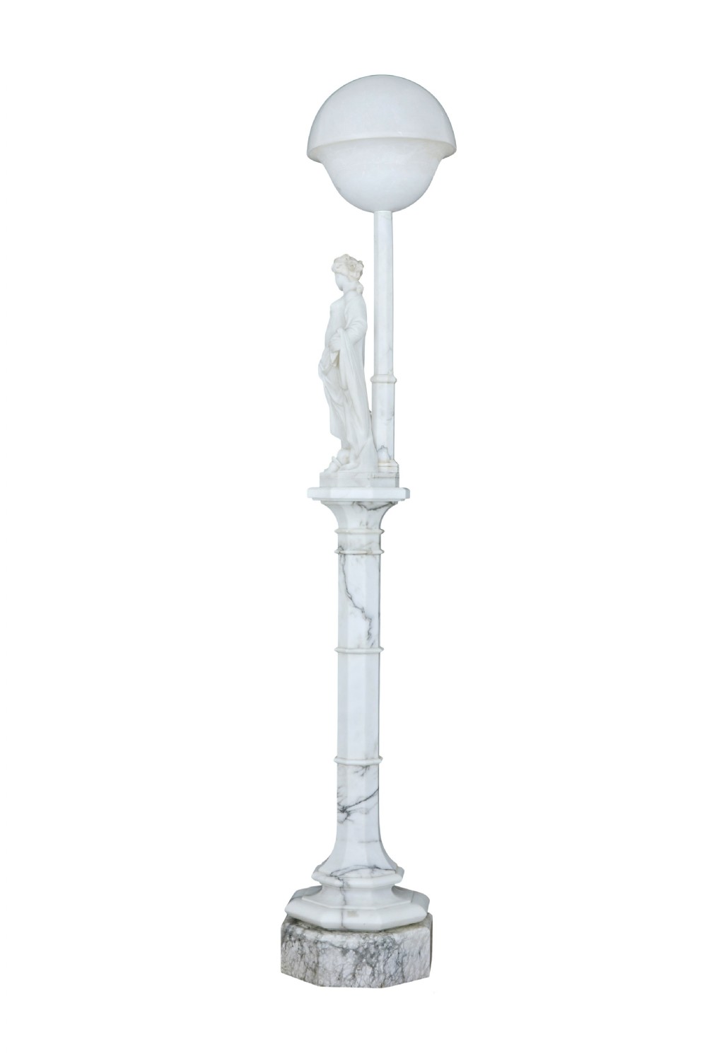 An early 20th-century Swedish floor lamp carved from white alabaster, featuring a classical female figure atop a columnar pedestal supporting a globe light shade. View VI