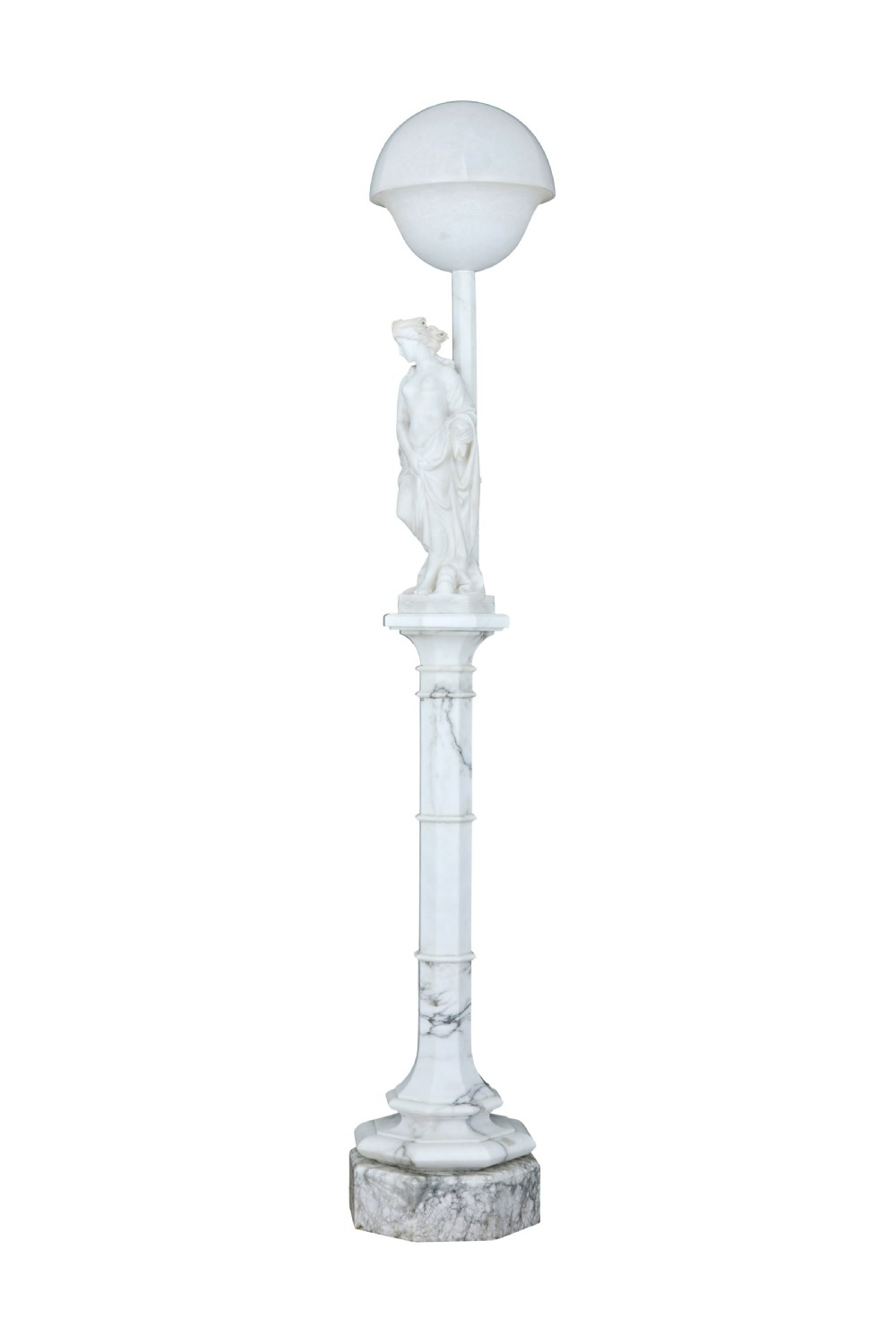An early 20th-century Swedish floor lamp carved from white alabaster, featuring a classical female figure atop a columnar pedestal supporting a globe light shade. View VII