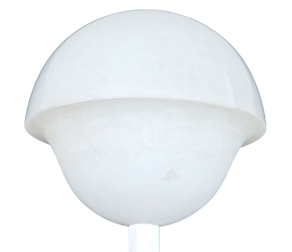 An early 20th-century Swedish floor lamp carved from white alabaster, featuring a classical female figure atop a columnar pedestal supporting a globe light shade. View VIII