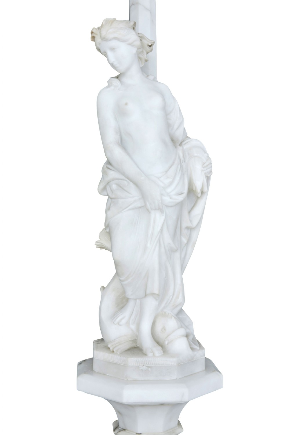 An early 20th-century Swedish floor lamp carved from white alabaster, featuring a classical female figure atop a columnar pedestal supporting a globe light shade. View X