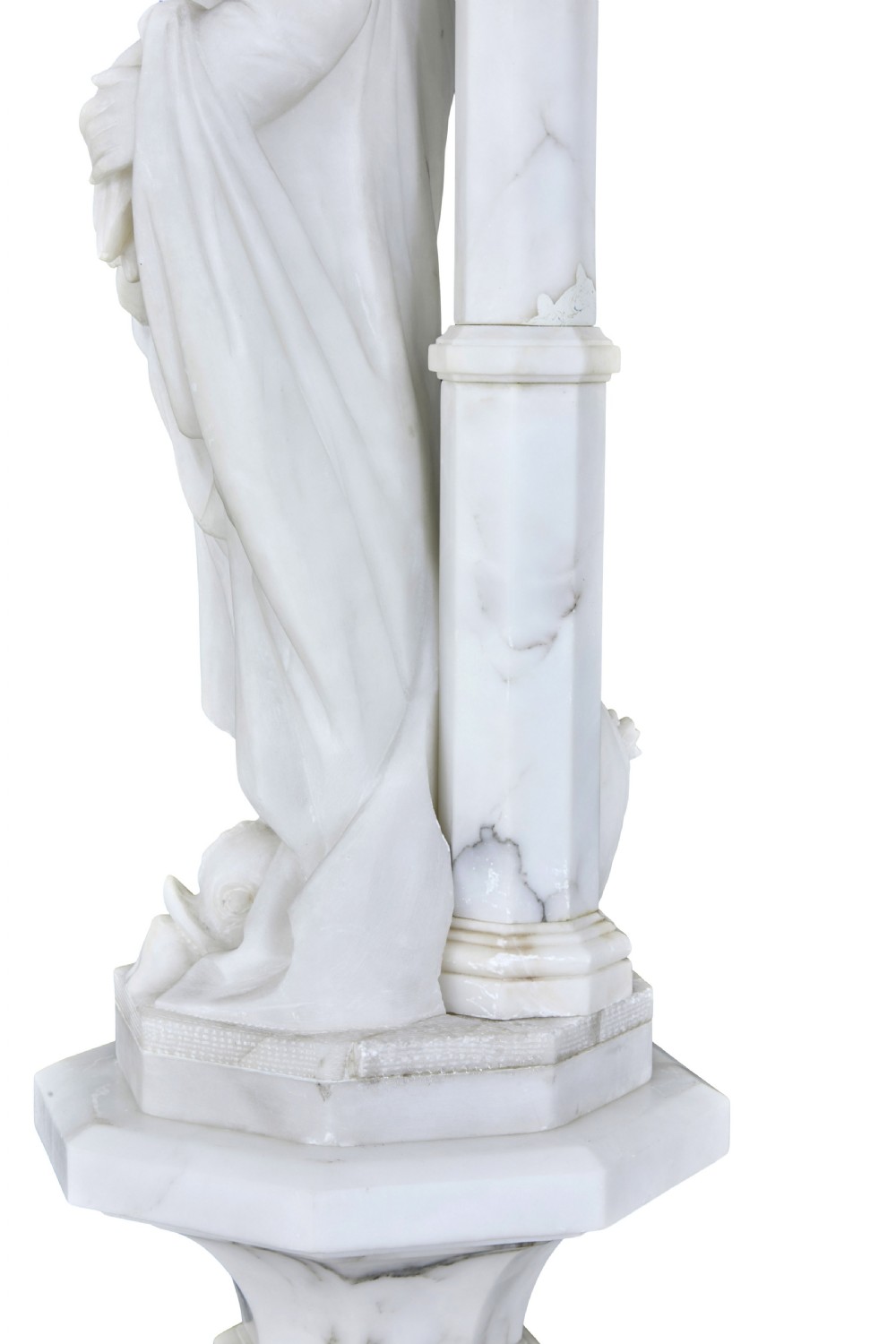 An early 20th-century Swedish floor lamp carved from white alabaster, featuring a classical female figure atop a columnar pedestal supporting a globe light shade. View XI