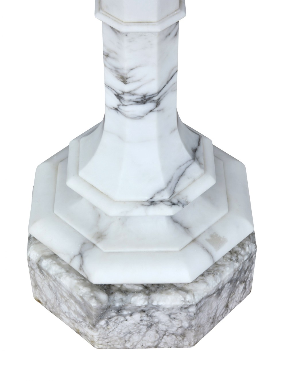 An early 20th-century Swedish floor lamp carved from white alabaster, featuring a classical female figure atop a columnar pedestal supporting a globe light shade. View XIII