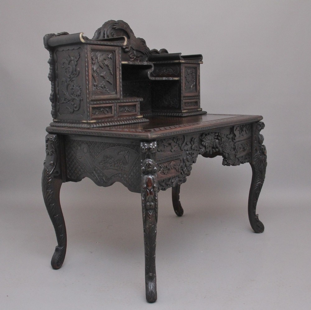 19th Century highly carved Japanese desk and chair