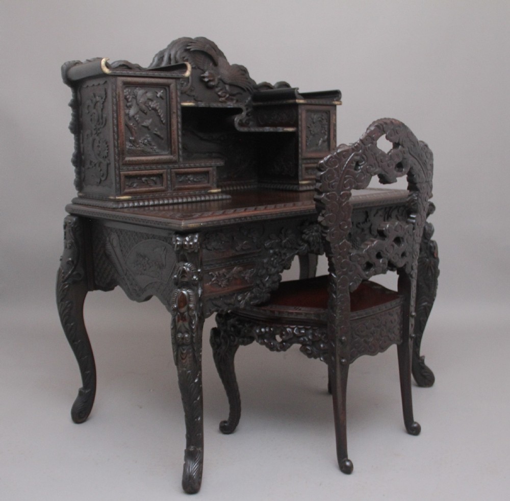 19th Century highly carved Japanese desk and chair View II
