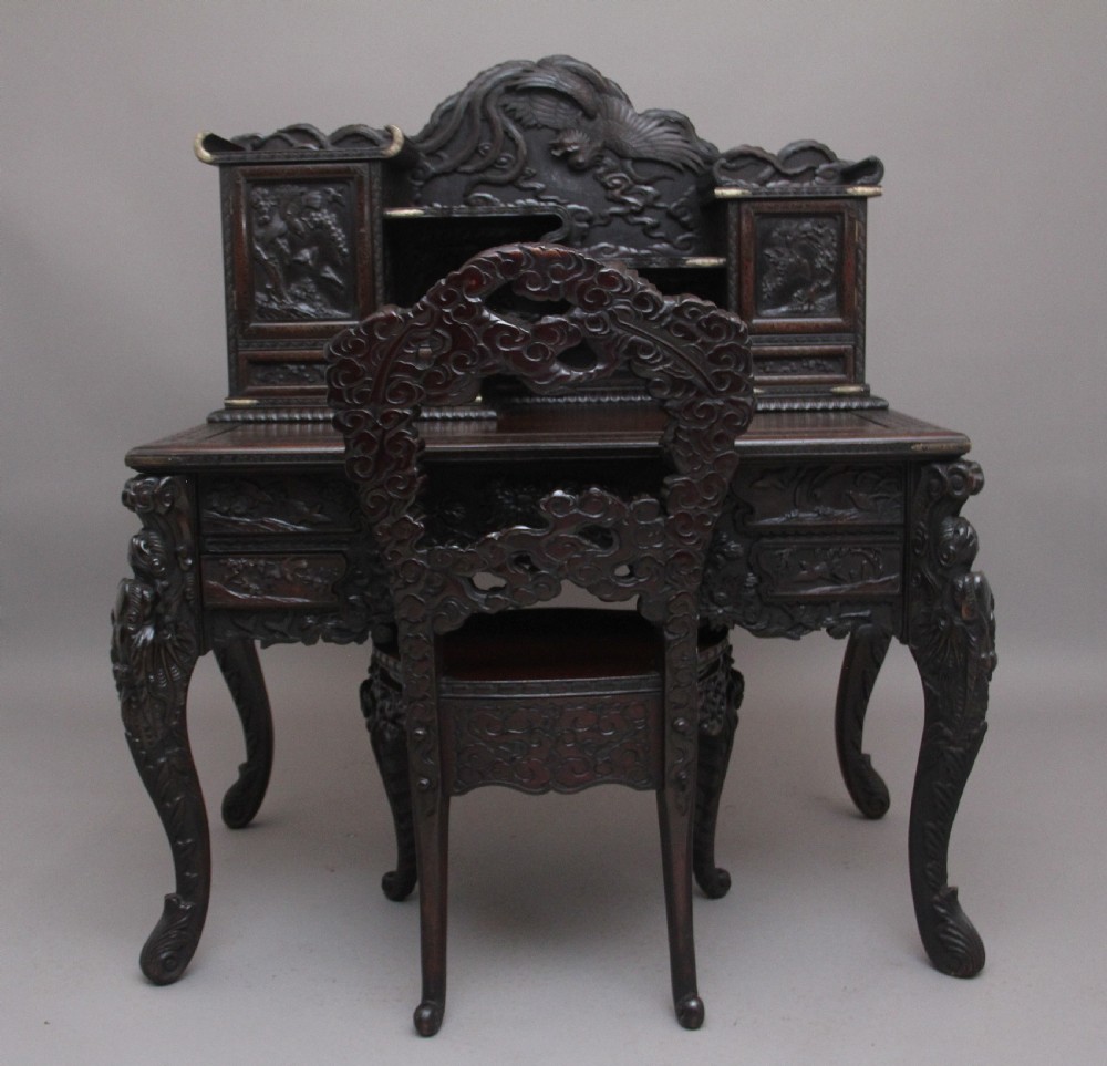 19th Century highly carved Japanese desk and chair View IV