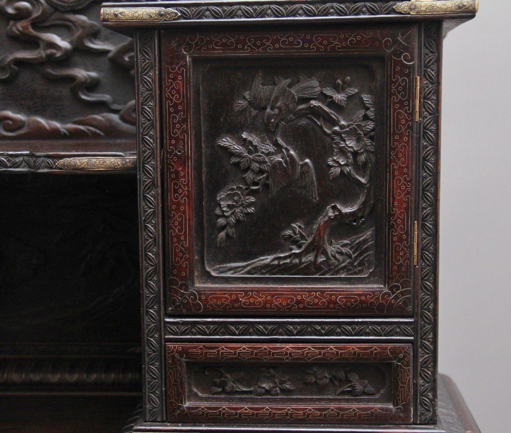 19th Century highly carved Japanese desk and chair View XVII