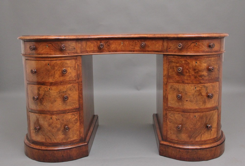 19th Century burr walnut pedestal kidney shaped desk