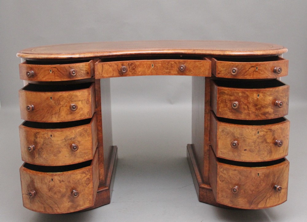 19th Century burr walnut pedestal kidney shaped desk View II