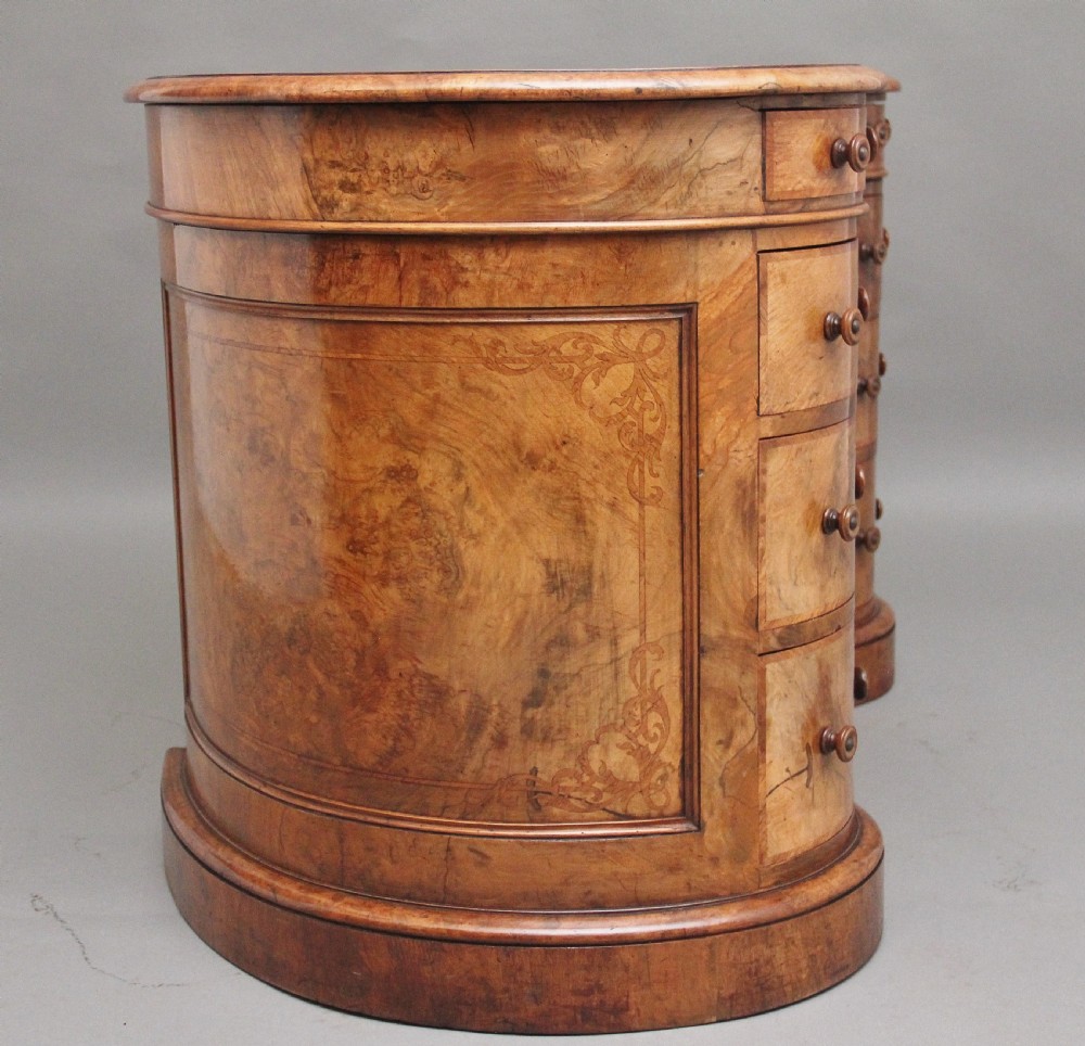 19th Century burr walnut pedestal kidney shaped desk View III