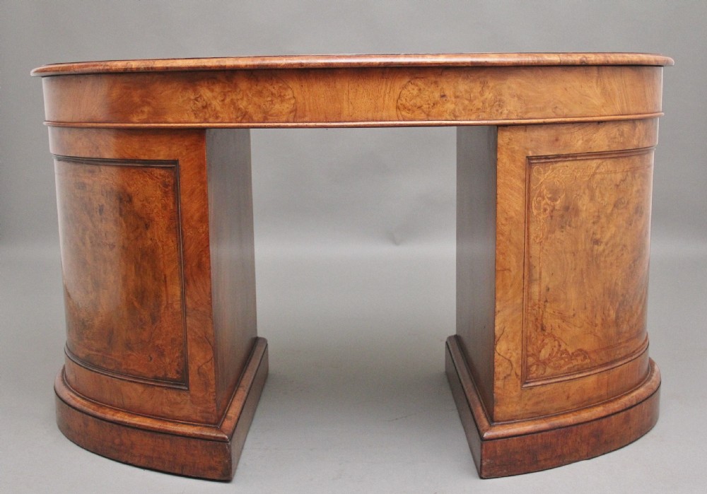 19th Century burr walnut pedestal kidney shaped desk View IV