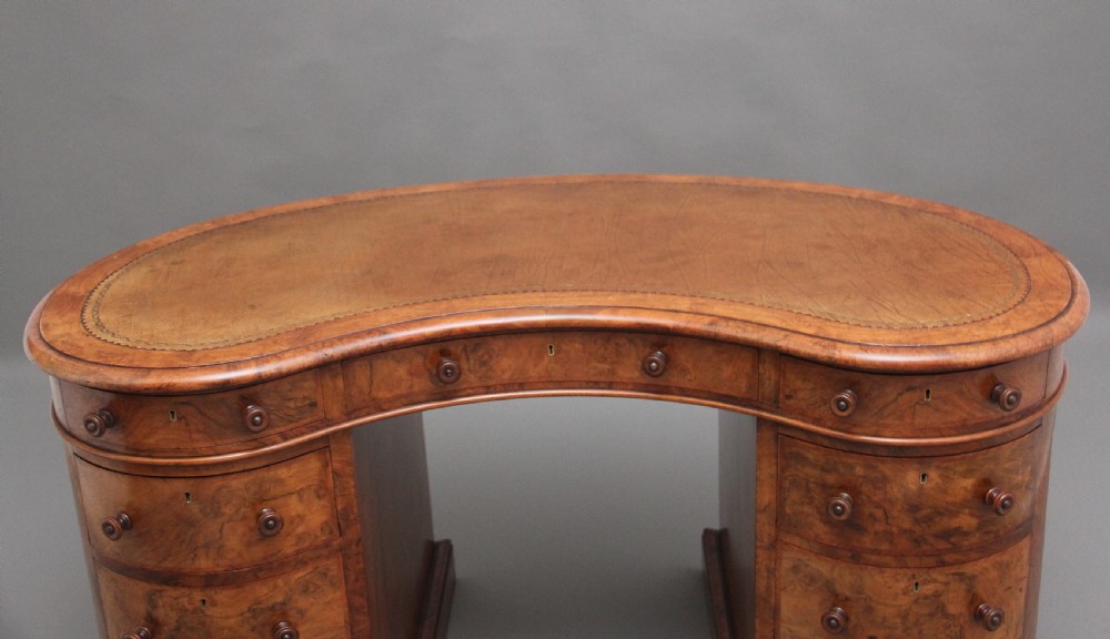 19th Century burr walnut pedestal kidney shaped desk View VI