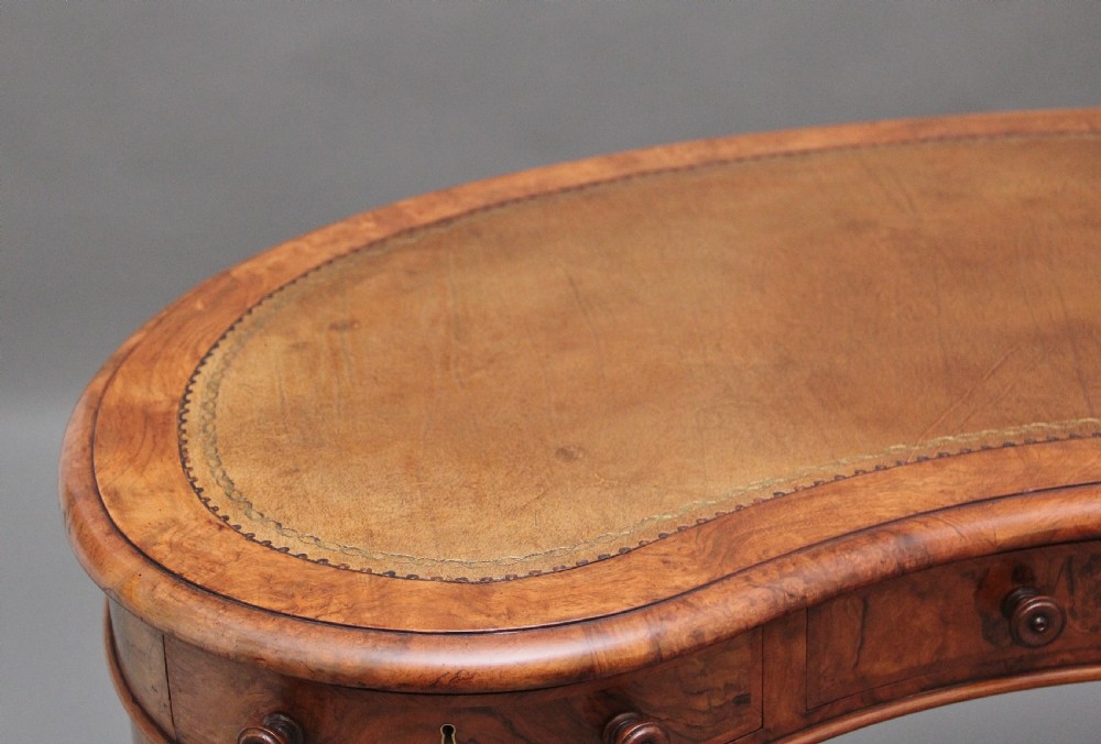19th Century burr walnut pedestal kidney shaped desk View VII