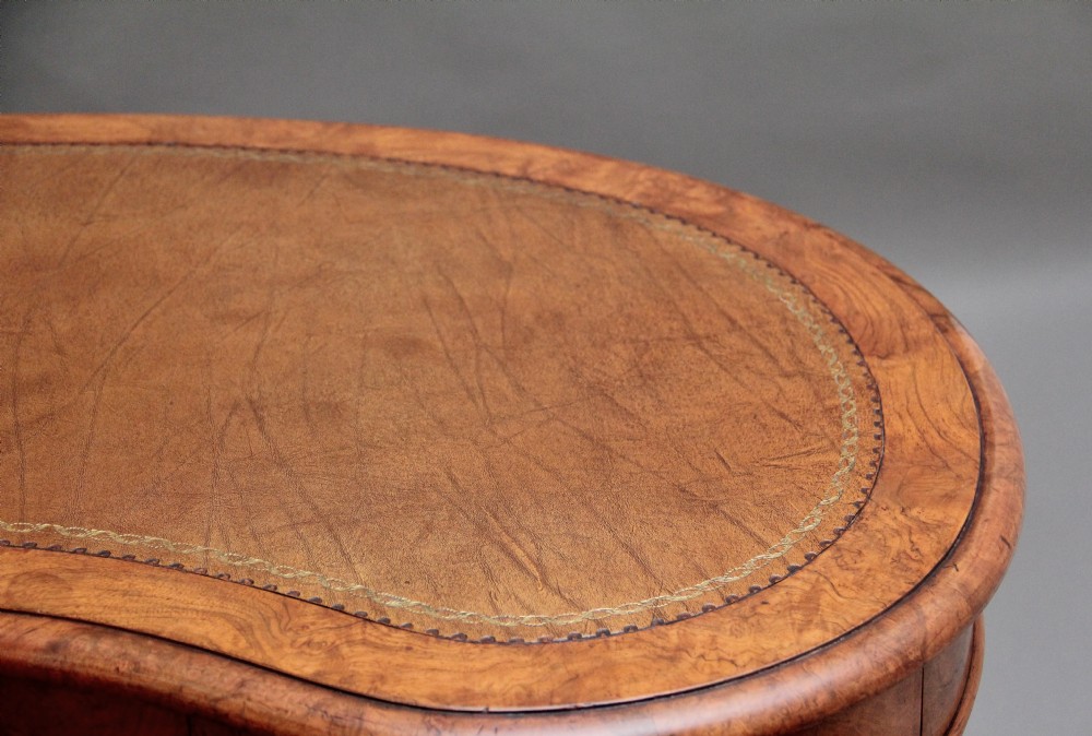 19th Century burr walnut pedestal kidney shaped desk View IX