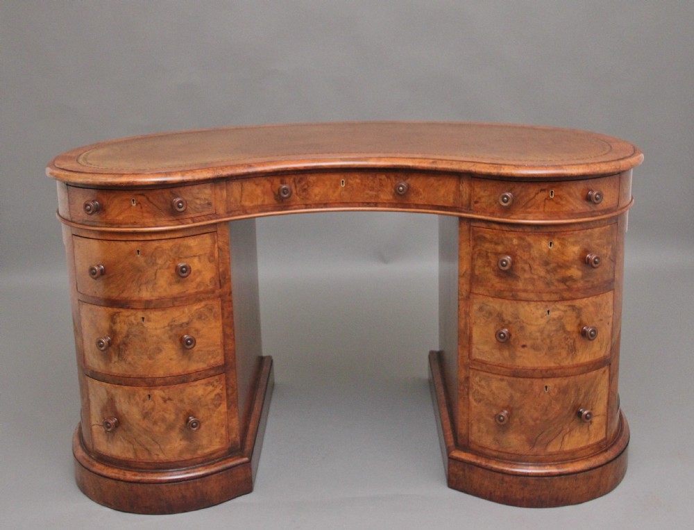 19th Century burr walnut pedestal kidney shaped desk View X