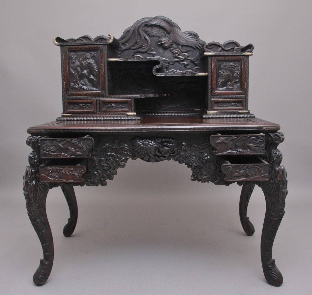 19th Century highly carved Japanese desk and chair View V