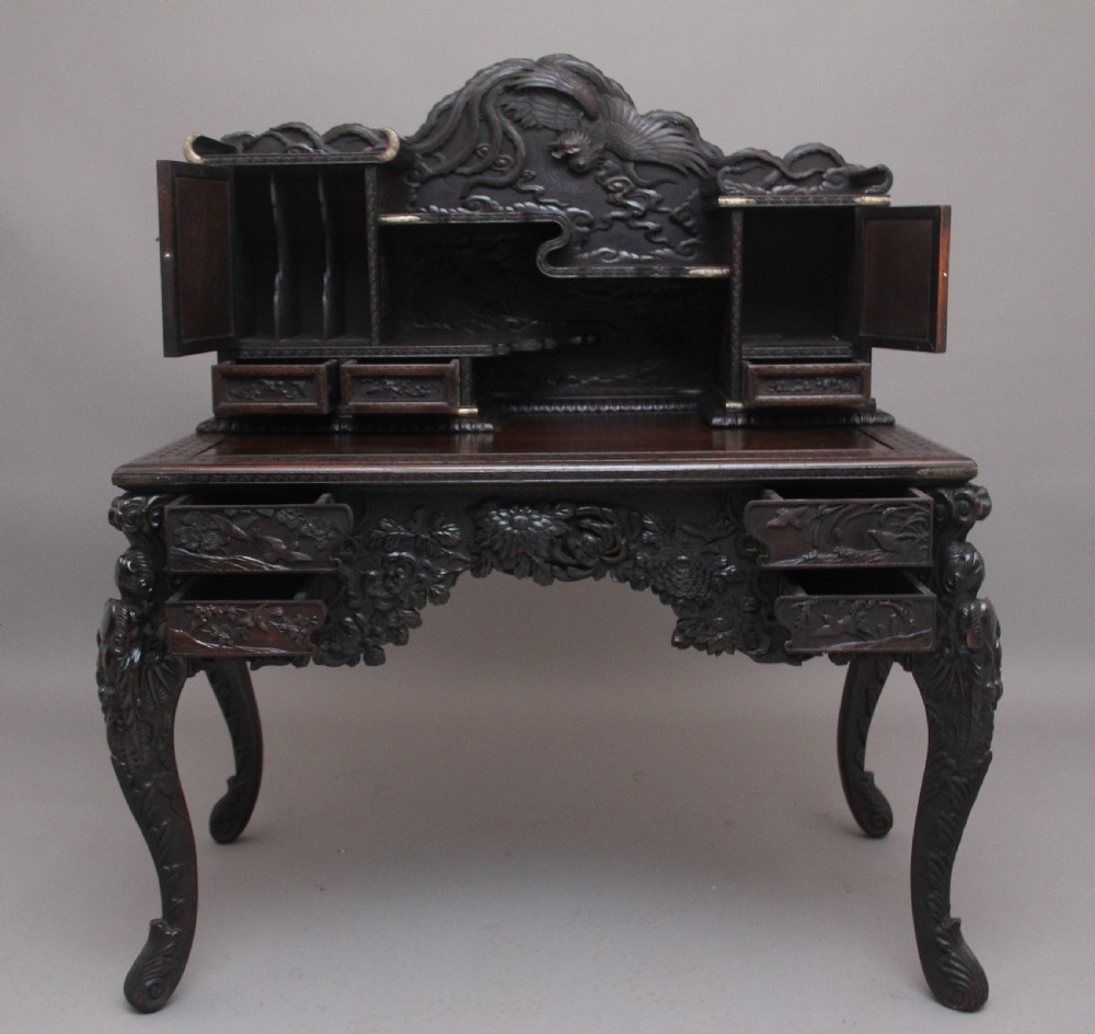 19th Century highly carved Japanese desk and chair View VI