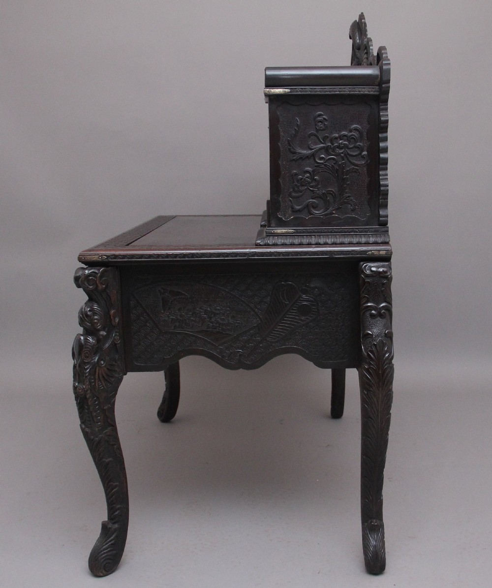 19th Century highly carved Japanese desk and chair View XII