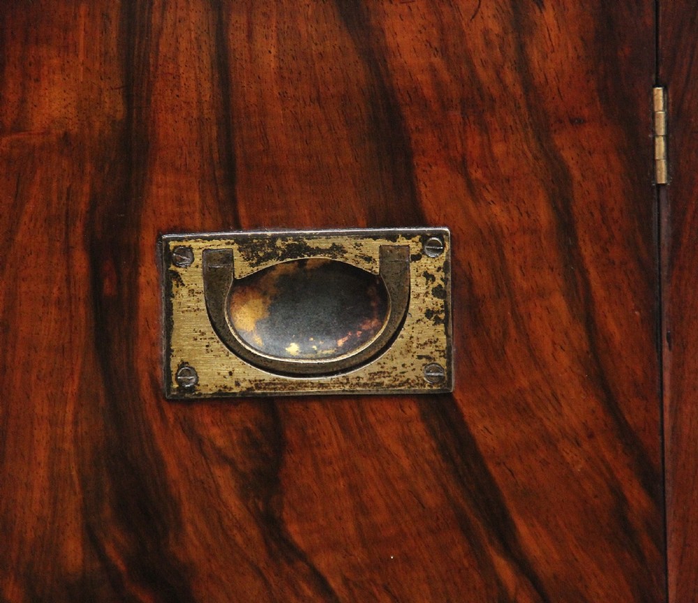 A 19th-century burr walnut tabletop cabinet with an open glazed door showing interior drawers with brass flush handles. View X