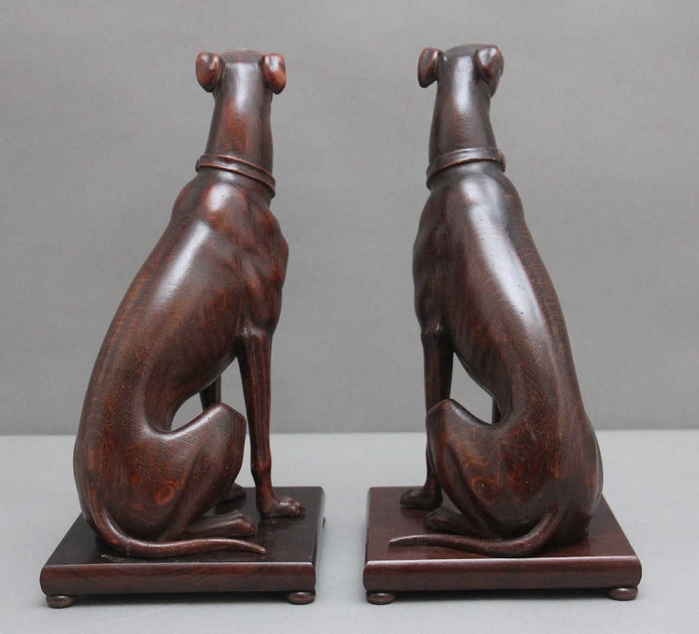 Pair early 20th Century carved oak greyhounds View VI