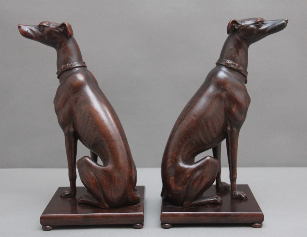 Pair early 20th Century carved oak greyhounds View VII